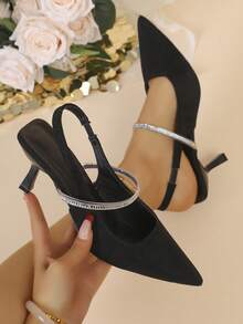 New Women's High Heel Pumps, Black Suede Pointed Toe Stilettos, Solid Color With Elastic Closure And Rhinestone Strap, Suitable For Work And Dates, Spring/Summer/Autumn - Black - View 1
