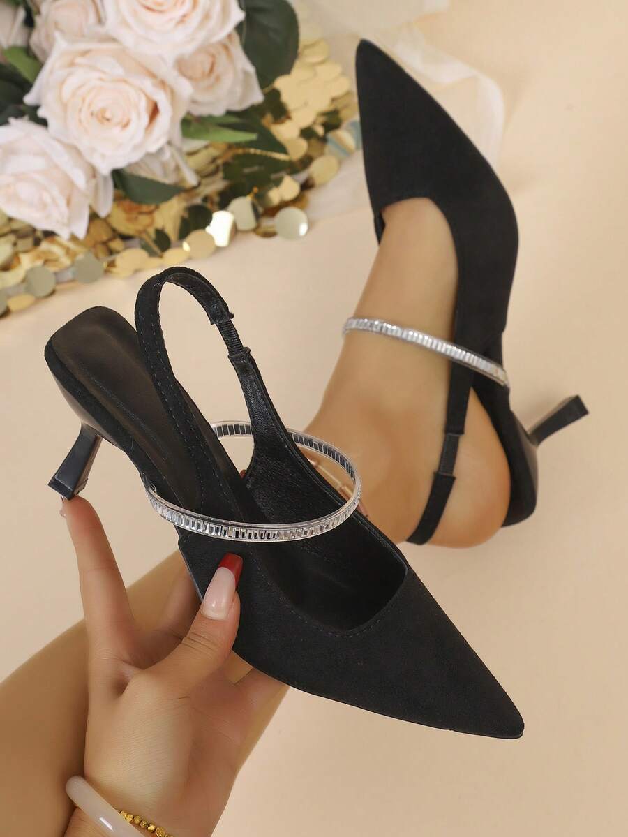 New Women's High Heel Pumps, Black Suede Pointed Toe Stilettos, Solid Color With Elastic Closure And Rhinestone Strap, Suitable For Work And Dates, Spring/Summer/Autumn - Black - View 1