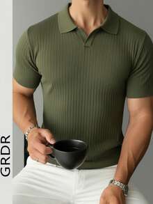 Camiseta de punto casual de manga corta y unicolor para hombre - Verde militar - Ver 3