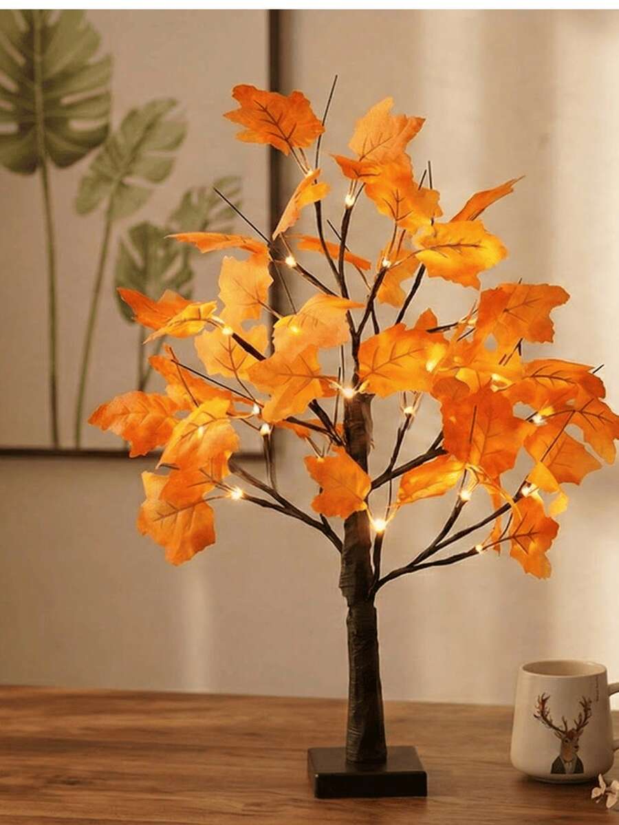 2pcs 60cm 24LED Maple Tree Lights (Battery + USB), Multifunctional Dual-Use Harvest Festival Holiday Decor Tree Lamp For Bedroom, Living Room, Kitchen - A-Yellow - View 1