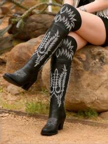 Fashion Cowgirl Outfits For Women Boots Knee High Pointed Toe Chunky Heel Combat Boots For Women Retro Luxury Embroidery Country Concert Jaripeo Festival Shoes - 黑色(2) - 查看 8