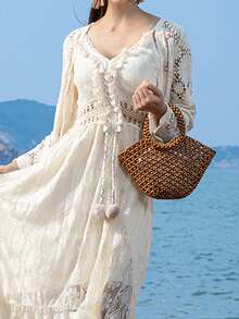 Vintage Inspired Wooden Beaded Tote Bag - Retro Handmade Woven Handbag - Coffee - View 4