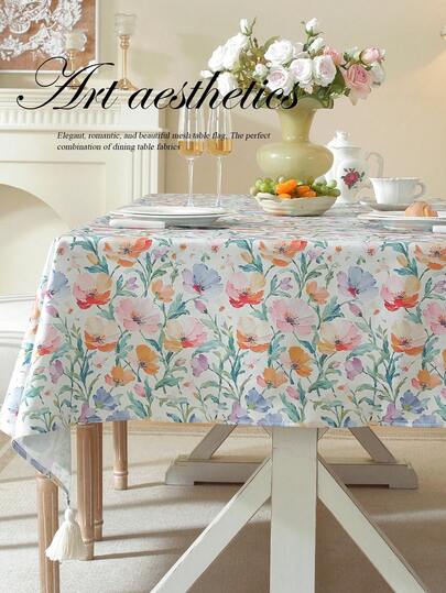 Farbenfroher Blume Muster Wasserfester Tischdecke mit Quasten Dekor, geeignet für Wohnzimmer, Esszimmer, Party, Heimdekoration, Raumdekoration, Tischdekor und Geschenk, in verschiedenen Größen erhältlich, für alle Jahreszeiten geeignet