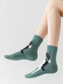 1/5 Pair (Random Delivery) Unisex Funny Cat Pattern Mid-Calf Socks, Eye-Catching And Unique For Spring/Autumn Daily Wear - Multicolor - View 5