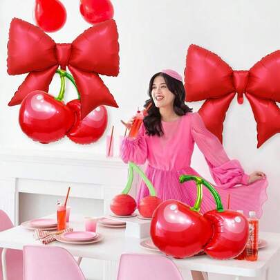 4pcs Red Bow & Cherry Balloons, Suitable For "She's The Cherry On Top" Themed Party, Berry Theme 1st Birthday Decoration, Fruit Theme Baby Shower Party, Birthday Party, Bridal Wedding Party Supplies