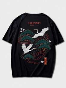 Zrgoth 男士休闲百搭简约仙鹤印花日式短袖T恤 - 黑色 - 查看 4