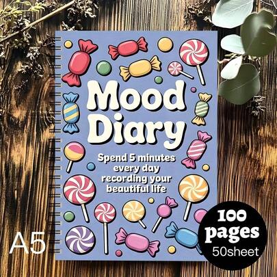 1 cuốn sổ tay tâm trạng chủ đề kẹo dễ thương - Sổ kế hoạch sức khỏe tinh thần cỡ A5, gáy xoắn, màu sắc nhẹ nhàng (Hồng, Xanh dương, Vàng, Xanh lá cây, Tím, Cam, Nâu, Xám, Đen, Trắng) - Theo dõi cảm xúc, suy ngẫm hàng ngày, thích hợp làm quà tặng cho phụ nữ, nam giới, thanh thiếu niên - Quà sinh nhật, quà Giáng sinh, để quản lý cảm xúc và chăm sóc bản thân - Tương thích với sổ Bullet Journal và các phụ kiện lập kế hoạch khác.