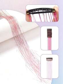 Hair Tinsel Kit Glitter Hair Tinsel Clip In Sparkling Shiny Fairy Hair Tinsel Hair Extensions For Halloween Christmas Party 22 Inch Pink 6PCS/PACK - 粉色 - 查看 6