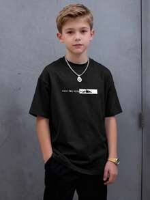 男童休闲印花圆领短袖T恤，夏季上衣 - 黑色 - 查看 7