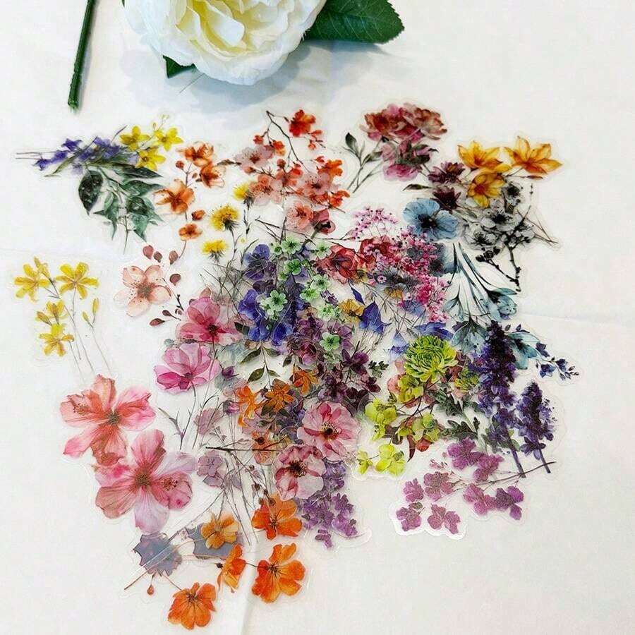 50pcs Transparent Flower Stickers DIY Diary Laptop Luggage Skateboard Pet Stickers Fun Classic Decoration Back To School - 查看 1