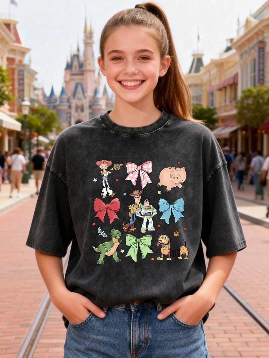 Disney Casual Washed Black Cotton Short Sleeve Round Neck T-Shirt For Women With Toy Story Pixar Character Print Regular Fit - 黑色 - 查看 1