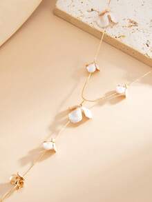 1pc Chic Ins Style Metal Drip Oil Petal Y-Shaped Necklace, Luxury Elegant Long Y-Shaped Clover Asymmetrical Pendant Necklace, Suitable For Women's Daily, Vacation, Party Wear - Gold - View 4