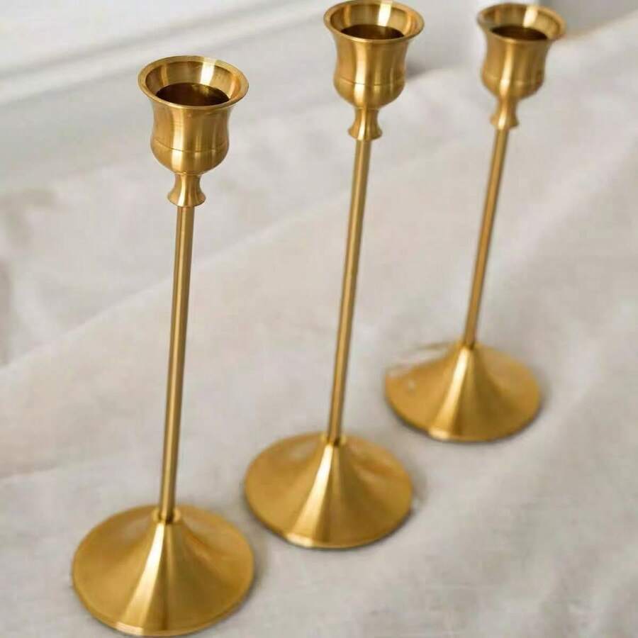 3pcs/6pcs/12pcs Candle Holders, Single Long Stem Brass Plated Iron Candle Holders, For Centerpiece, Candlelight Dinner Photo Props, Dining Table Living Room Home Decor, Candles Not Included - Copper Candlestick - View 1