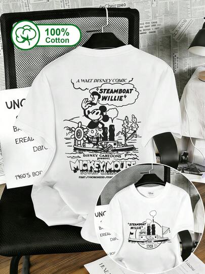 Disney Camiseta de mujer de manga corta casual, 100% algodón, impresa con gráficos de barco de vela y letras en inglés por ambos lados, adecuada para uso casual en verano y otoño