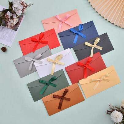 10 Pieces Of Colorful Envelopes, Creative And High-End European Style Envelopes, Bows, Thickened Pearl Paper, Long Envelopes, Suitable For Holidays Back To School