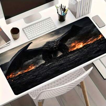 1pc Dark Dragon Large Gaming Mouse Pad,Flame Design Extended Desk Mat,Office Desk Accessories Non-Slip Stitched Edge Computer Mat ,Rubber Base Laptop Keyboard Pad For Home Office & Gamer,Durable And Spill-Resistant
