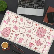 1个粉色甜点图案大号游戏鼠标垫，情人节涂鸦加长桌面垫，办公桌配件防滑缝边电脑垫，橡胶底座笔记本电脑键盘垫，适用于家庭办公室和游戏玩家，耐用防泼溅 - 查看 3
