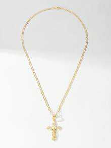 1pc European And American Classic Copper Inlaid Zirconia Cross Pendant Necklace, Limited Edition "Light Of The Protector", Suitable For Christmas/Thanksgiving/Halloween/Mother's Day/Valentine's Day Gifts For Couples/Friends/Believers, Catholic First Communion, Gifts, Daily And Holiday Wear For Prayer - Yellow Gold - View 6