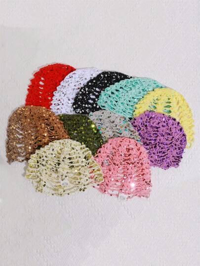 1pc Women's Y2K Cute Casual Style Fashion Contrast Color Sequin Shiny Hollow Breathable Handmade Knitted Cap, Suitable For Outing, Photography, Daily Wear, Bucket Hat