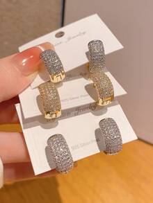 1 Pair Minimalist Luxury Gold & Silver Micro-Inlaid Zirconia Hoop Earrings, Lightweight Elegant Commuter Earrings For Women - Fashion Earrings - View 13