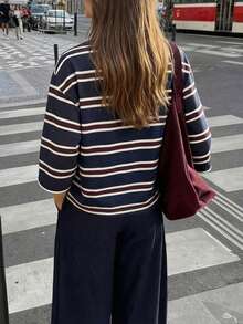 Nueva camiseta casual de cuello redondo acanalado de manga corta con rayas elegante y con estilo, adecuada para uso diario, escuela, vacaciones, brunch de verano - azul real - Ver 2
