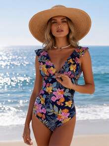 Women's Dark Base Floral Butterfly Print, One Piece Swimsuit, Deep V Ruffle Ruched Design, Beach, Pool - 彩色 - 查看 2