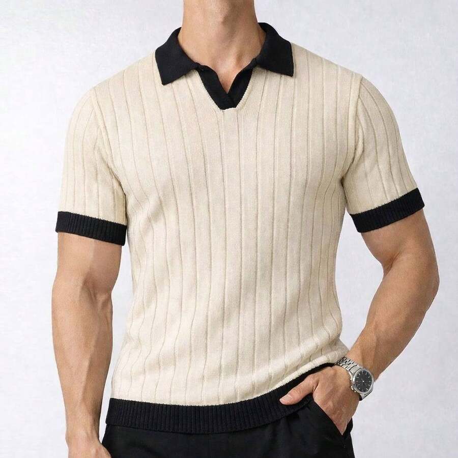 Men's Short Sleeve Polo Collar Shirt With Holes In The Knit Summer Spring Men's High Quality Casual Shirt Immediate Shipping - 米色 - 查看 1