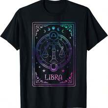 180GSM Pure Cotton Printed T-Shirt With Libra Tarot Card September October Birthday Astrology Zodiac Theme Soft Breathable Durable Comfortable Easy To Wash Knitted Fabric Stylish Personality Pattern High Quality Pure Cotton Lightweight For Daily Wear - màu đen - Xem 1