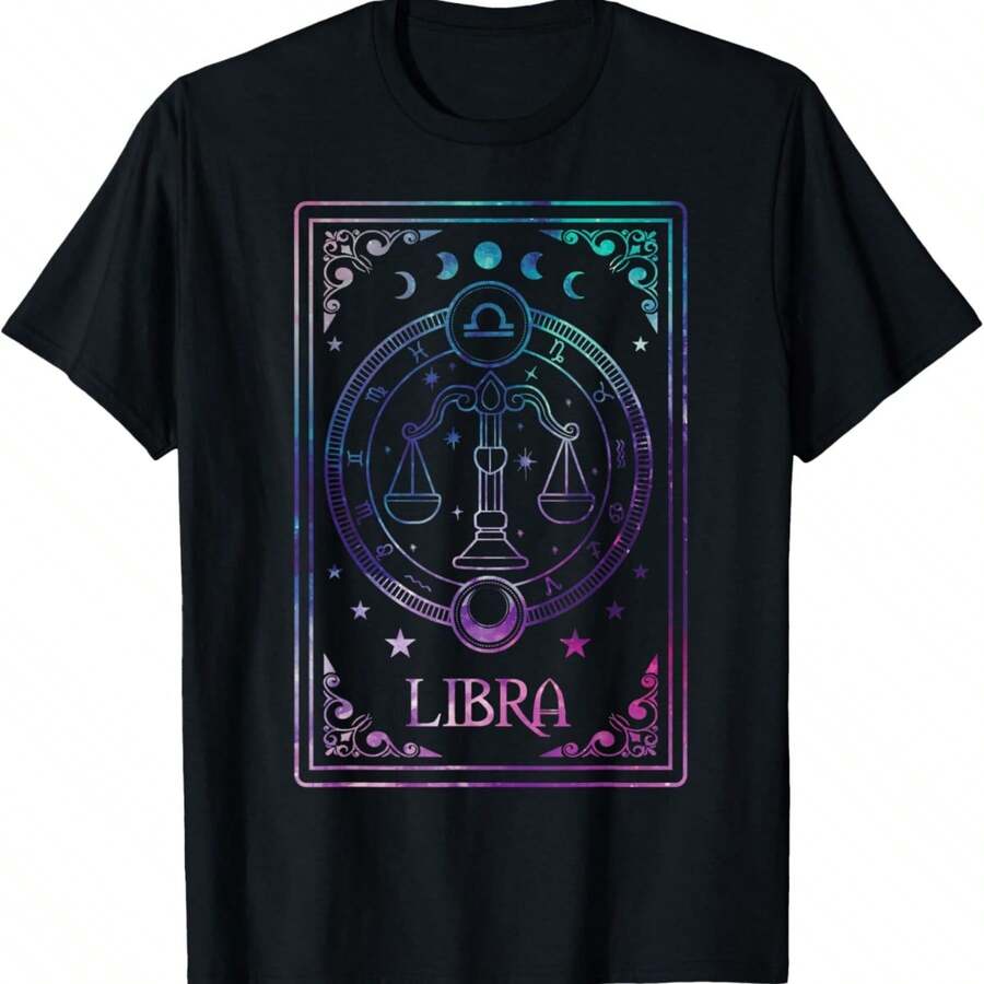 180GSM Pure Cotton Printed T-Shirt With Libra Tarot Card September October Birthday Astrology Zodiac Theme Soft Breathable Durable Comfortable Easy To Wash Knitted Fabric Stylish Personality Pattern High Quality Pure Cotton Lightweight For Daily Wear - màu đen - Xem 1