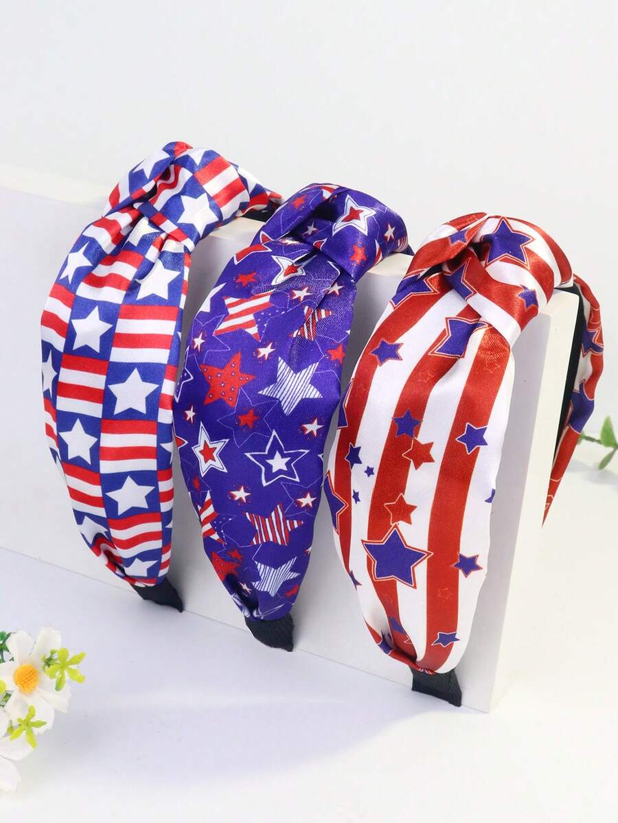 3pcs Women's Independence Day Bow, Striped, Star, Flag Pattern Cute Polyester Stretchy Headband, Summer Hairband Diadema Hair Hoop - 3pcs - National Flag C - View 1