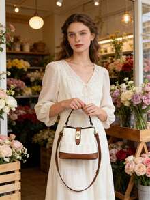 PLANEE 女士双色手提包，配金色锁扣 – 斜挎包/手提包，纹理仿皮单肩包，适合日常使用 - 彩色 - 查看 2