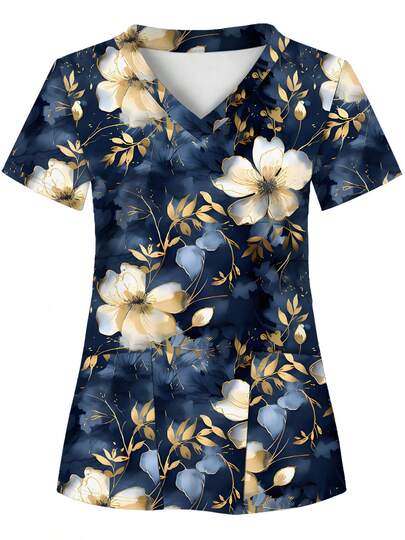 Floral Print Scrub Top, Dark Color Base With Gold Flowers, Two Pockets, Comfortable T-Shirt For Healthcare Professionals - Soft, Breathable, Practical Uniform Suitable For Hospitals, Dental Clinics, Beauty Salons And Institutions, Nursing Workwear