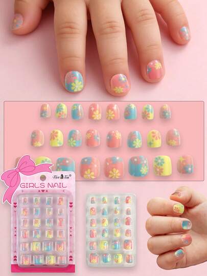 1 Box 24 Pcs Kids Cute Floral Press-On Nails, Vibrant Colors & Adorable Patterns, Easy To Apply & Remove, Ideal For Daily Wear, Parties And Photos, Creating Sweet & Cute Nail Looks For Kids