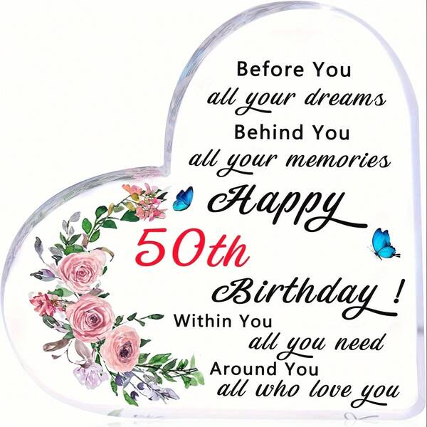 1/49pcs Fashion 50th Birthday Gift - Acrylic Heart-Shaped Plaque, 10*10cm, 1cm Thick, Waterproof And Shockproof, Gift For Mom Or Wife | Perfect Anniversary Gift | Multifunctional Home Decor, Suitable For Party, Office, Bedroom, Living Room, Kitchen, Desktop Ornament, Mini Decoration, Mother's Day Decor, Mother's Day Gift