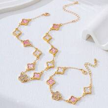 粉白宝石四叶草手链项链套装，优雅女士珠宝礼品 - 粉色 - 查看 2