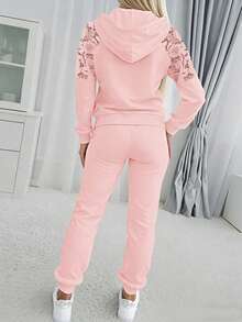 2pcs Women Lace Patchwork Kangaroo Pocket Hoodie And Drawstring Waist Elastic Sports Pants Set, Casual Street Style - Pink - View 3