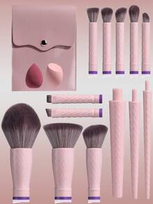 BS-MALL 旅行便携可拆卸化妆刷套装，柔软刷毛，精准上妆，包含眼影刷、遮瑕刷、高光刷、粉底刷、腮红刷 - 粉色 - 查看 8