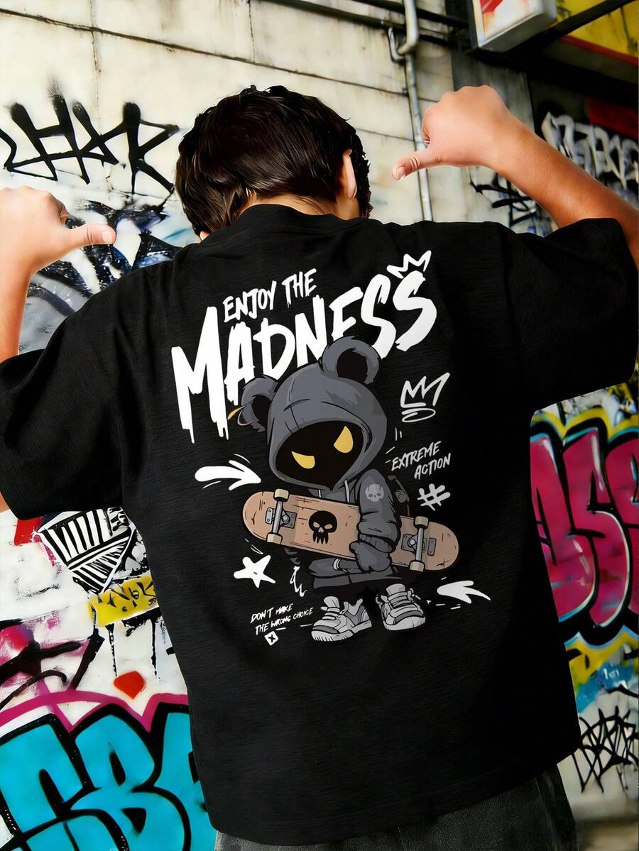 Camiseta de cuello redondo de manga corta con estampado informal para niños preadolescentes, top de verano - Negro - Ver 1