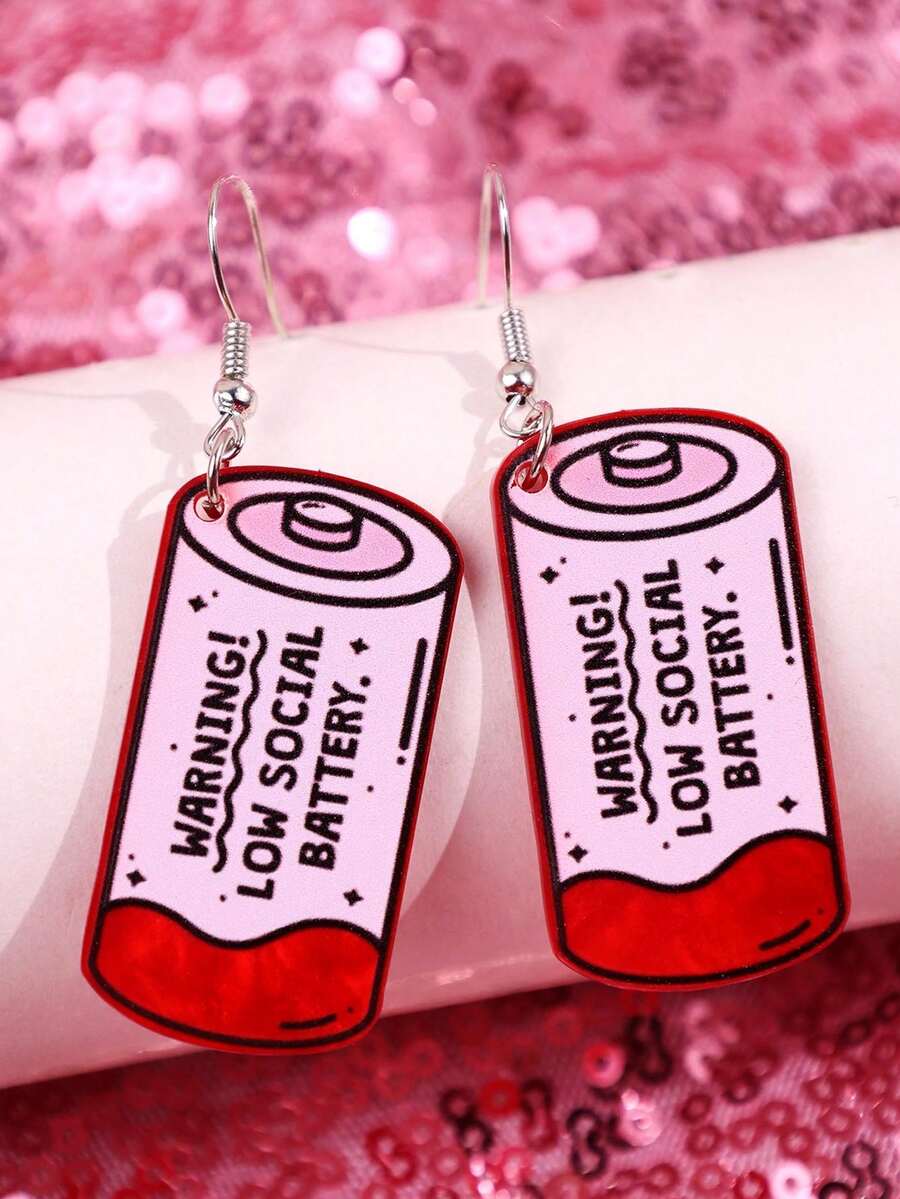 一对创意独特趣味“警告！社交电池”粉色珠光亚克力吊坠耳环，时尚百搭，适合日常佩戴、节日和派对场合。 - 彩色 - 查看 1