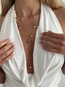 1pc Chic Ins Style Metal Drip Oil Petal Y-Shaped Necklace, Luxury Elegant Long Y-Shaped Clover Asymmetrical Pendant Necklace, Suitable For Women's Daily, Vacation, Party Wear - Gold - View 2