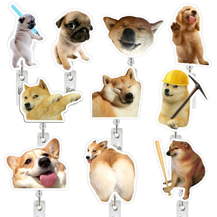 1个趣味狗狗头亚克力徽章夹，可伸缩卷轴，鳄鱼夹，易拉式 - a - 查看 1