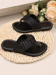 1 Pair Solid Color PU Woven Flip Flops For Teens, Round Toe Slip-On Design, Soft Sole, Fashionable & Cute Roman Style Sandals, Suitable For Male/Female Students, Daily Casual, Beach, Summer - Black - View 7
