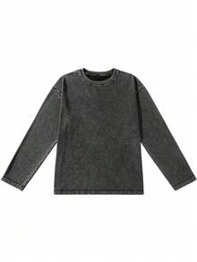 Men's Casual Vintage Washed Loose Fit Long Sleeve T-Shirt, Streetwear, Suitable For Spring And Autumn - Dark Grey - View 4