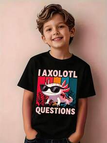 Kaos oblong berkerah bulat bergambar kartun Axolotl untuk remaja laki-laki, atasan kasual lembut untuk musim semi & musim panas. - Hitam - View 2