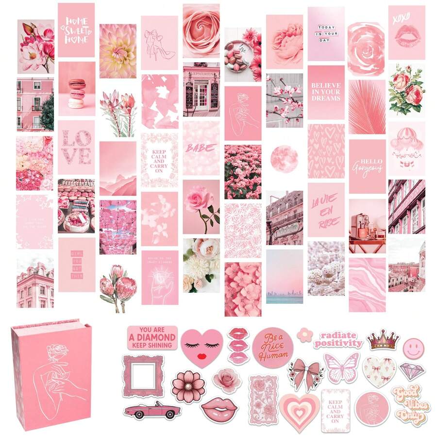 Photo Collage Kit Pastel Pink For Wall Aesthetic 50 Pictures Pink Room Decor Gifts For Girls Photo Wall Art For Teen Girls Bedroom Decor - 粉色 - 查看 1