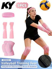 Set de 5 piezas para entrenamiento de voleibol, que incluye 1 par de mangas antideslizantes para los brazos, 1 par de rodilleras, 1 diadema, de material de esponja gruesa, unisex, de secado rápido y elástico, adecuado para entrenamiento de voleibol y entusiastas del deporte - Rosa - Ver 2