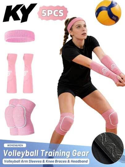 5 PIEZAS Equipo de entrenamiento de voleibol, traje rosa, que incluye 1 par de mangas para el brazo antideslizantes y 1 par de rodilleras y 1 diadema, esponja gruesa para hombres y mujeres, de secado rápido, alta elasticidad, para entrenamiento de voleibol, equipo deportivo, entusiastas del deporte