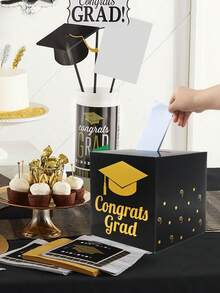 1pc Graduation Paper Card Box, 2026 Graduate Card Gift Box, Graduation Congratulations Message Card Box, Ballot Box, Suggestion Card Box, Graduation Voting Game Supplies, Graduation Congratulations Party Decoration, Graduation Party Supplies, Graduation Gift, Black & Gold Decoration - Black Gold - View 9