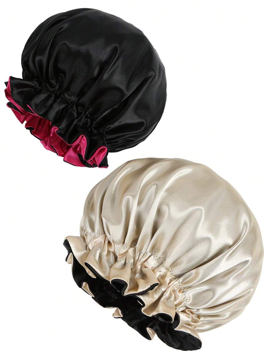 2pcs Dual-Layer Contrast Color Satin Sleep Cap/Wig Cap,Summer,Beach,Hat,Holiday,Travel