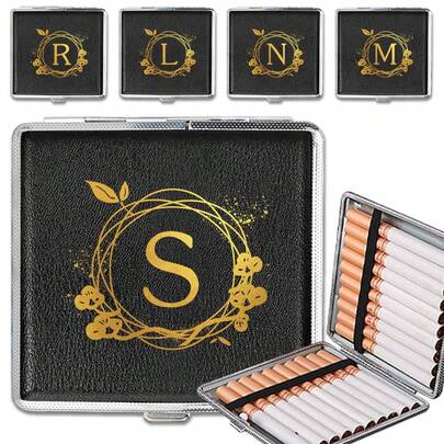 Pu Material Cigarette Case Double-Opening Square Smoking Box Holds 20-Stick Portable Pocket Size Cigar Casket Travel Anti-Crush Cigarette Container Household Gadget Holiday Gifts Initial Name 26 Letters Pattern